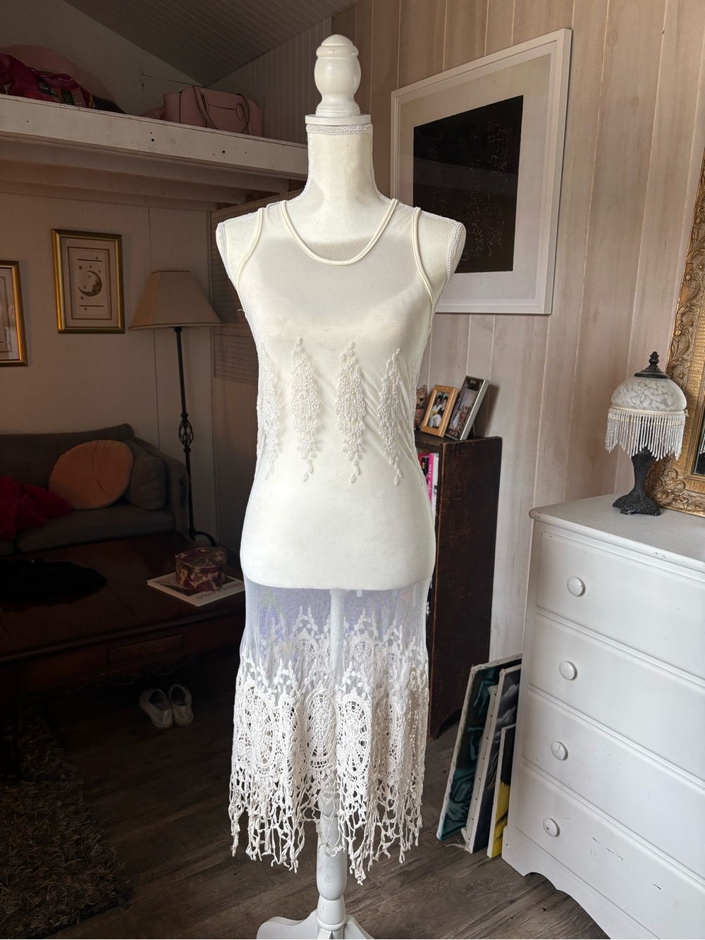 Cream Lace Mesh Dress